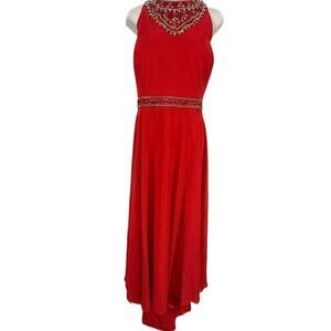 Sydneys Closet Womens Red Formal Prom Halter Beaded Dress Chiffon Lined sz 24
